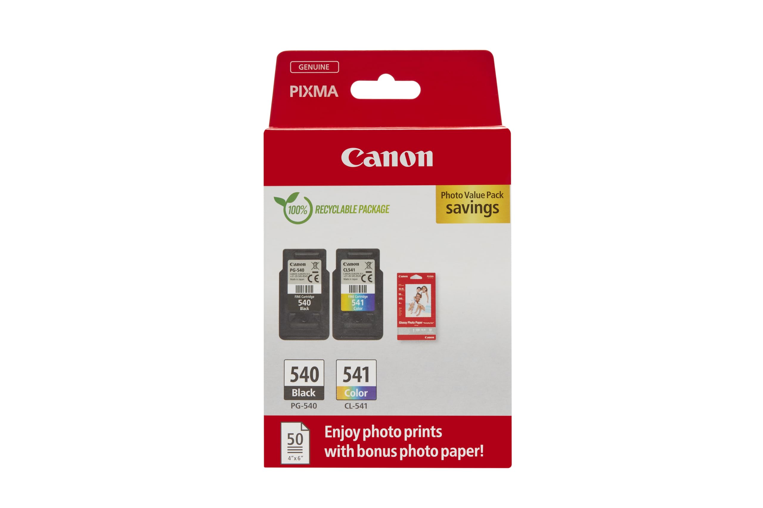 Canon PG-540 / CL-541 Genuine Ink Cartridges, Pack of 2 (1 x Black, 1 x Colour), Includes 50 sheets of 4x6 Photo Paper - Cardboard Multipack