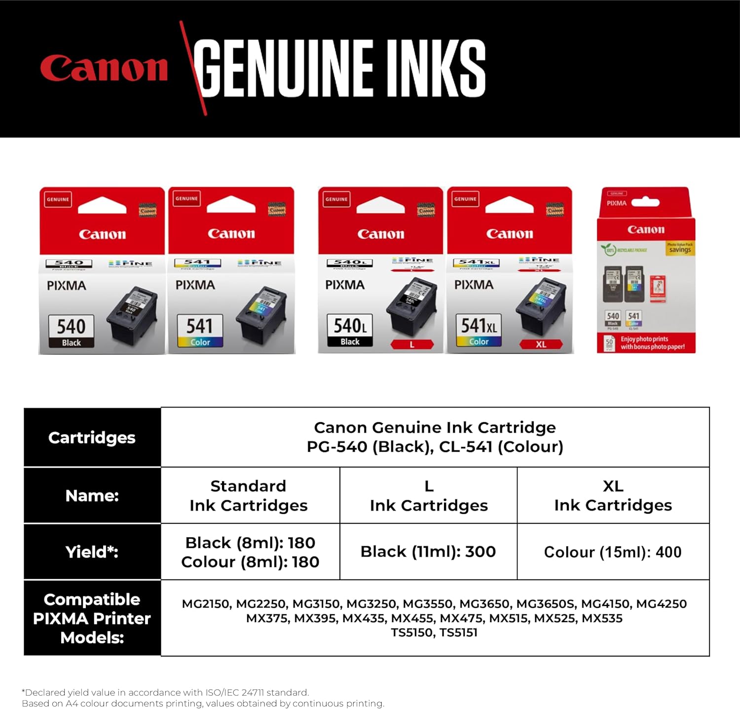 Canon PG-540 / CL-541 Genuine Ink Cartridges, Pack of 2 (1 x Black, 1 x Colour), Includes 50 sheets of 4x6 Photo Paper - Cardboard Multipack