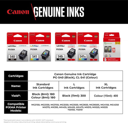 Canon PG-540 / CL-541 Genuine Ink Cartridges, Pack of 2 (1 x Black, 1 x Colour), Includes 50 sheets of 4x6 Photo Paper - Cardboard Multipack