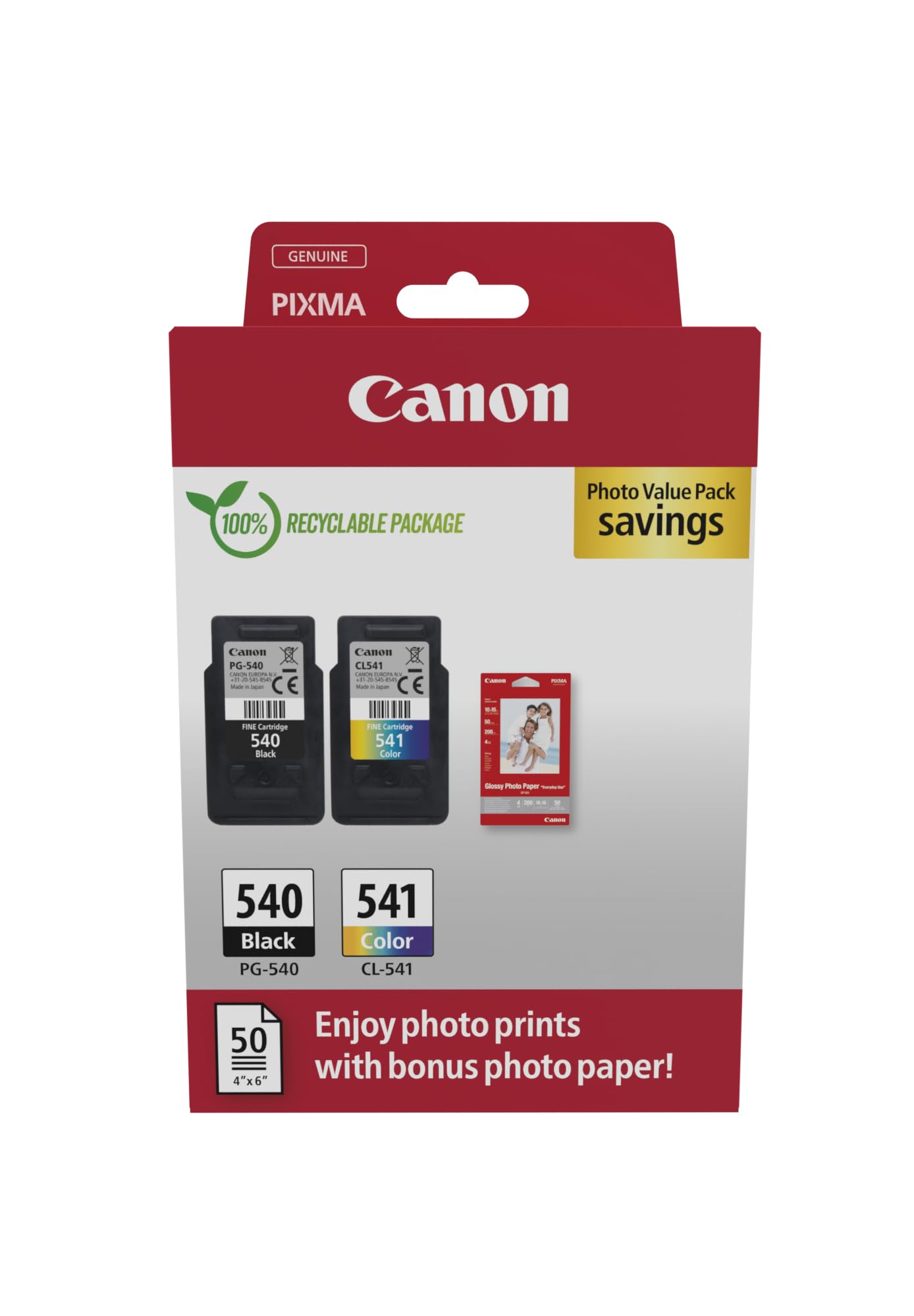 Canon PG-540 / CL-541 Genuine Ink Cartridges, Pack of 2 (1 x Black, 1 x Colour), Includes 50 sheets of 4x6 Photo Paper - Cardboard Multipack