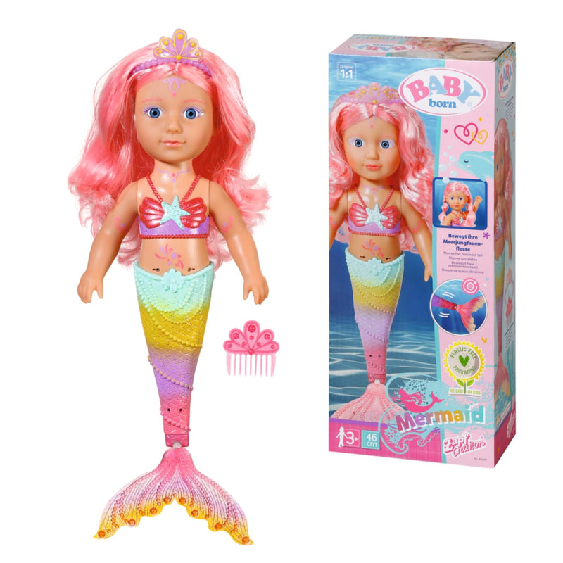 BABY born Little Sister Meerjungfrau 46 cm, wasserdichte Meerjungfrau-Puppe mit langen Haaren und beweglicher Glitzer-Flosse, inkl. Diadem & Kamm, 833681 Zapf Creation