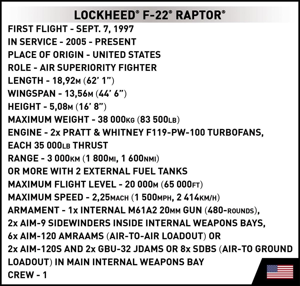 COBI Lockheed F-22 RAPTOR, Black & White