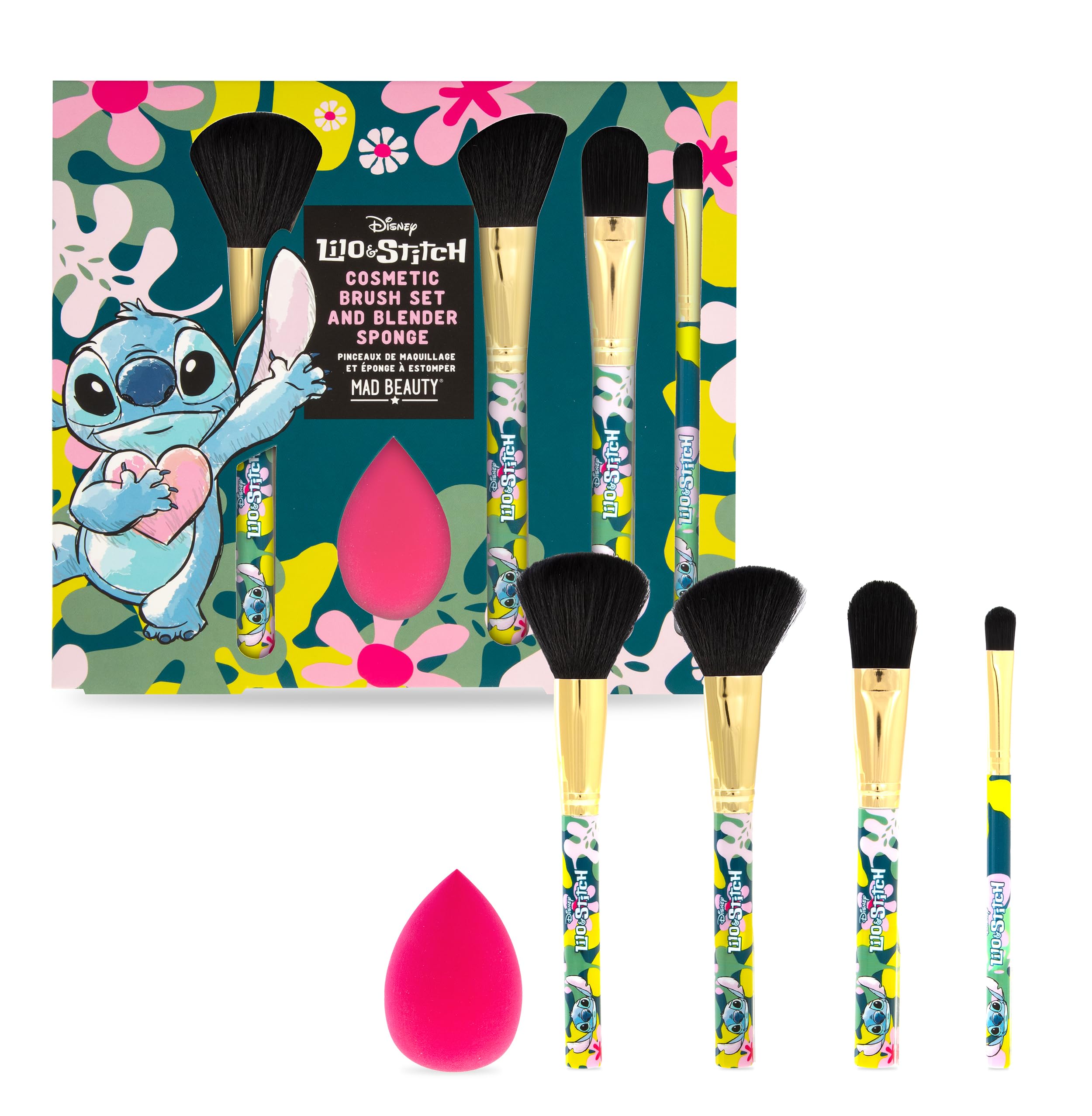 MAD BEAUTY Disney Lilo & Stitch Cosmetic Brush Set Plus Blender Sponge, Beauty & Self-Care Gifts, Four Brushes For Versatile Use