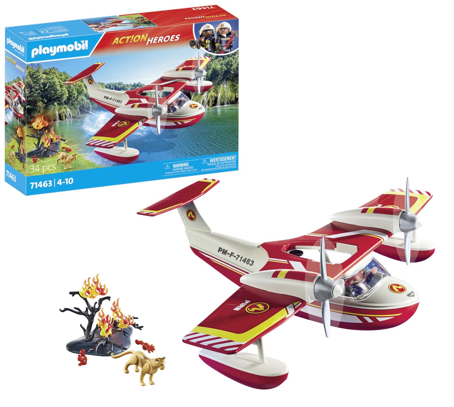 Playmobil 71463 Hydravion avec Pompier - Action Heroes - avec Un Personnage, des Animaux, Un Avion Anti-Incendie avec Fonction d'extinction et Une fôret en feu - Ville & Métiers - Dès 4 Ans