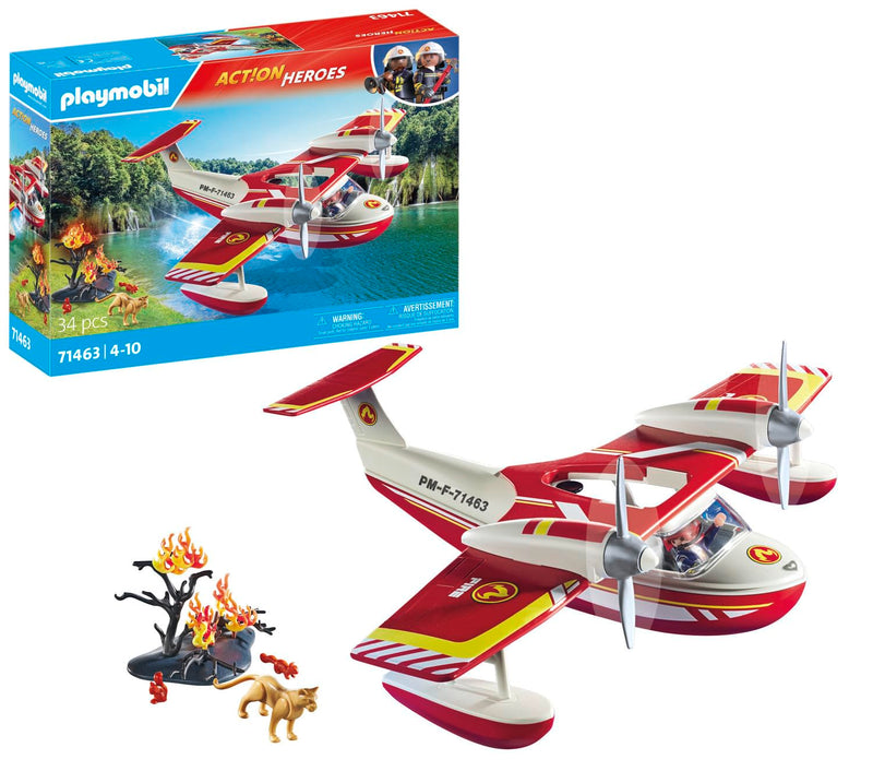 Playmobil 71463 Hydravion avec Pompier - Action Heroes - avec Un Personnage, des Animaux, Un Avion Anti-Incendie avec Fonction d'extinction et Une fôret en feu - Ville & Métiers - Dès 4 Ans