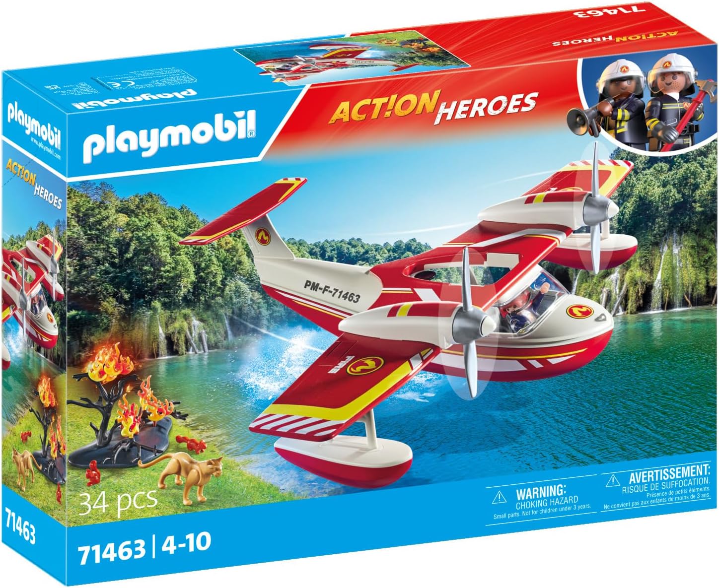 Playmobil 71463 Hydravion avec Pompier - Action Heroes - avec Un Personnage, des Animaux, Un Avion Anti-Incendie avec Fonction d'extinction et Une fôret en feu - Ville & Métiers - Dès 4 Ans