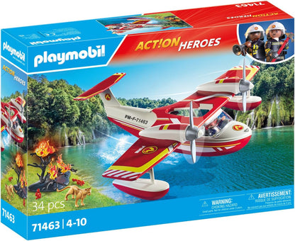 Playmobil 71463 Hydravion avec Pompier - Action Heroes - avec Un Personnage, des Animaux, Un Avion Anti-Incendie avec Fonction d'extinction et Une fôret en feu - Ville & Métiers - Dès 4 Ans
