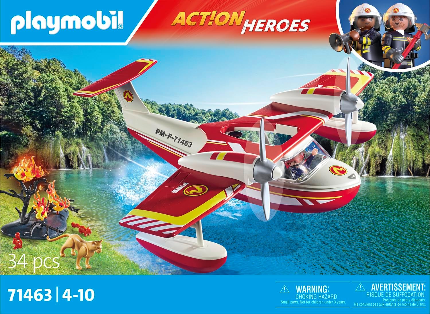Playmobil 71463 Hydravion avec Pompier - Action Heroes - avec Un Personnage, des Animaux, Un Avion Anti-Incendie avec Fonction d'extinction et Une fôret en feu - Ville & Métiers - Dès 4 Ans