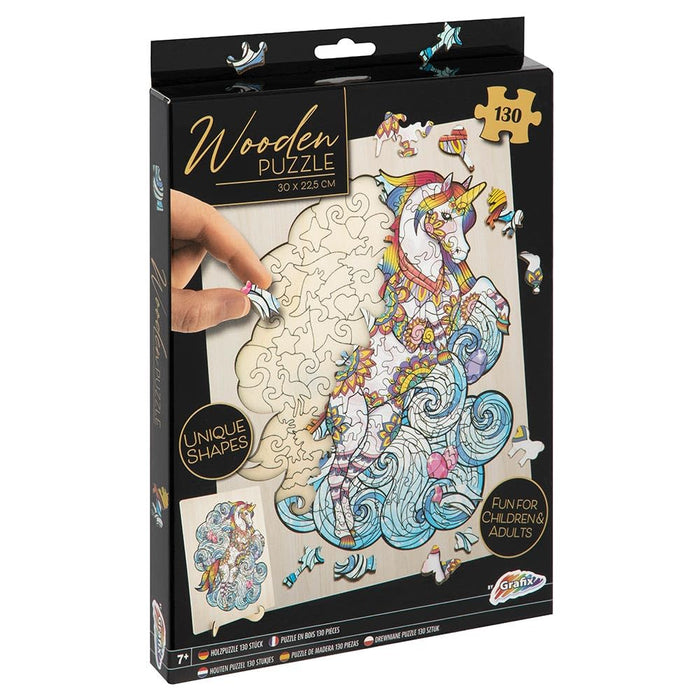 Grafix Houten puzzel, 130 stukjes, dierdesign, eenhoornmotief, puzzel voor kinderen en volwassenen, afmetingen 30 x 22,5 cm