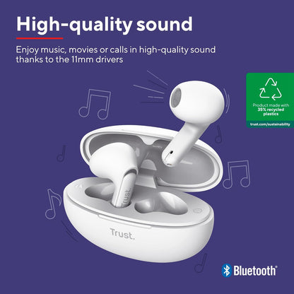 Trust Yavi Wireless Earphones Bluetooth with ENC Noise Cancelling Microphones, 23 Hours Playtime, 35% Recycled Plastics, In Ear Wireless Headphones, Wireless Earbuds iPhone Android iOS