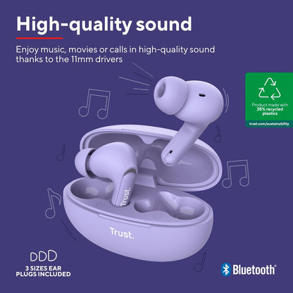 Trust Yavi Wireless Earbuds Bluetooth with ENC Noise Cancelling Microphones, 23 Hours Playtime, 35% Recycled Plastics, 3 Sizes of In-Ear Buds, Bluetooth Earphones iPhone Android iOS