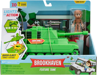 DevSeries Brookhaven Feature Tank 7.5-Inch Vehicle with Lights, Working Treads, Ejecting Turret, 2.75-Inch Figure, and Exclusive Virtual Item Code