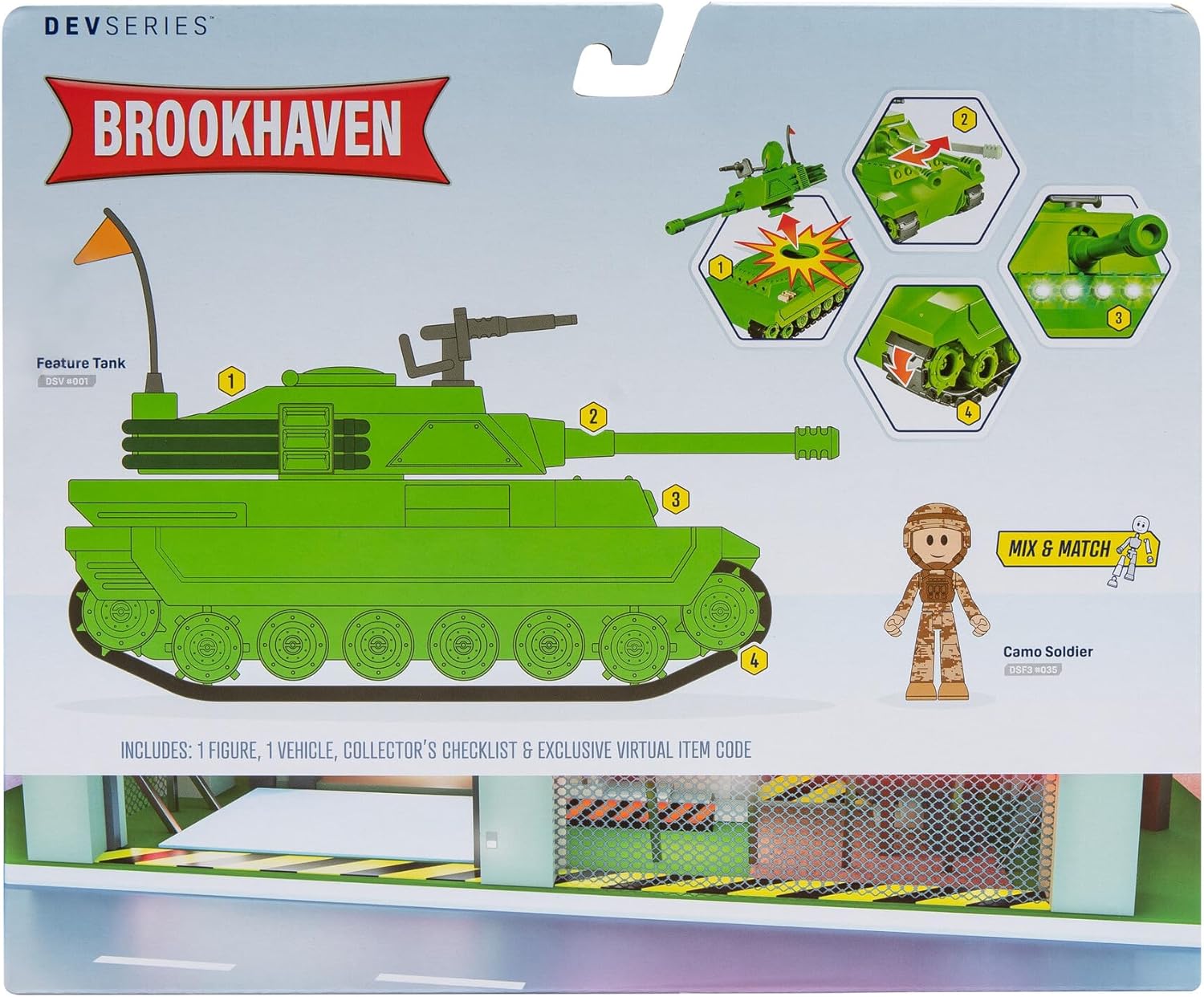 DevSeries Brookhaven Feature Tank 7.5-Inch Vehicle with Lights, Working Treads, Ejecting Turret, 2.75-Inch Figure, and Exclusive Virtual Item Code