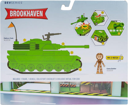 DevSeries Brookhaven Feature Tank 7.5-Inch Vehicle with Lights, Working Treads, Ejecting Turret, 2.75-Inch Figure, and Exclusive Virtual Item Code