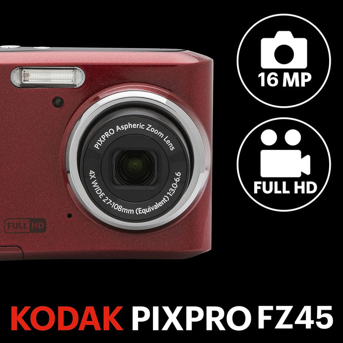 KODAK Pixpro - FZ45 - Cámara Digital Compacta de 16.44 Megapíxeles - Negra - Roja - 1280 x 720p
