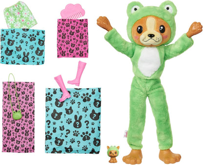 Barbie Cutie Reveal Doll & Accessories with Animal Plush Costume & 10 Surprises Including Color Change, Puppy as Frog in Costume-Themed Series