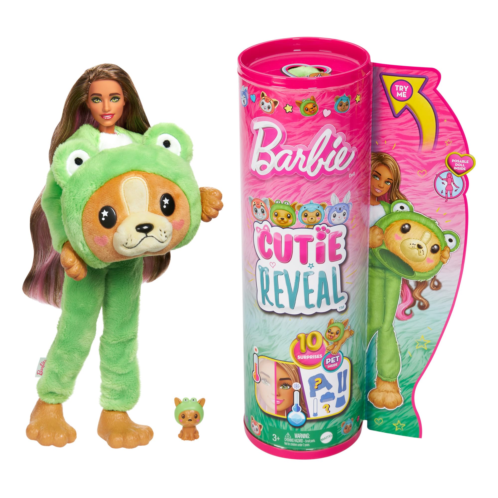 Barbie Cutie Reveal Doll & Accessories with Animal Plush Costume & 10 Surprises Including Color Change, Puppy as Frog in Costume-Themed Series