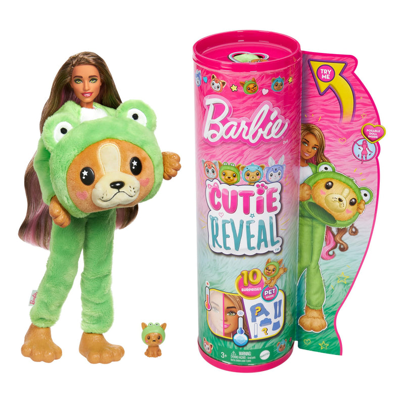 Barbie Cutie Reveal Doll & Accessories with Animal Plush Costume & 10 Surprises Including Color Change, Puppy as Frog in Costume-Themed Series