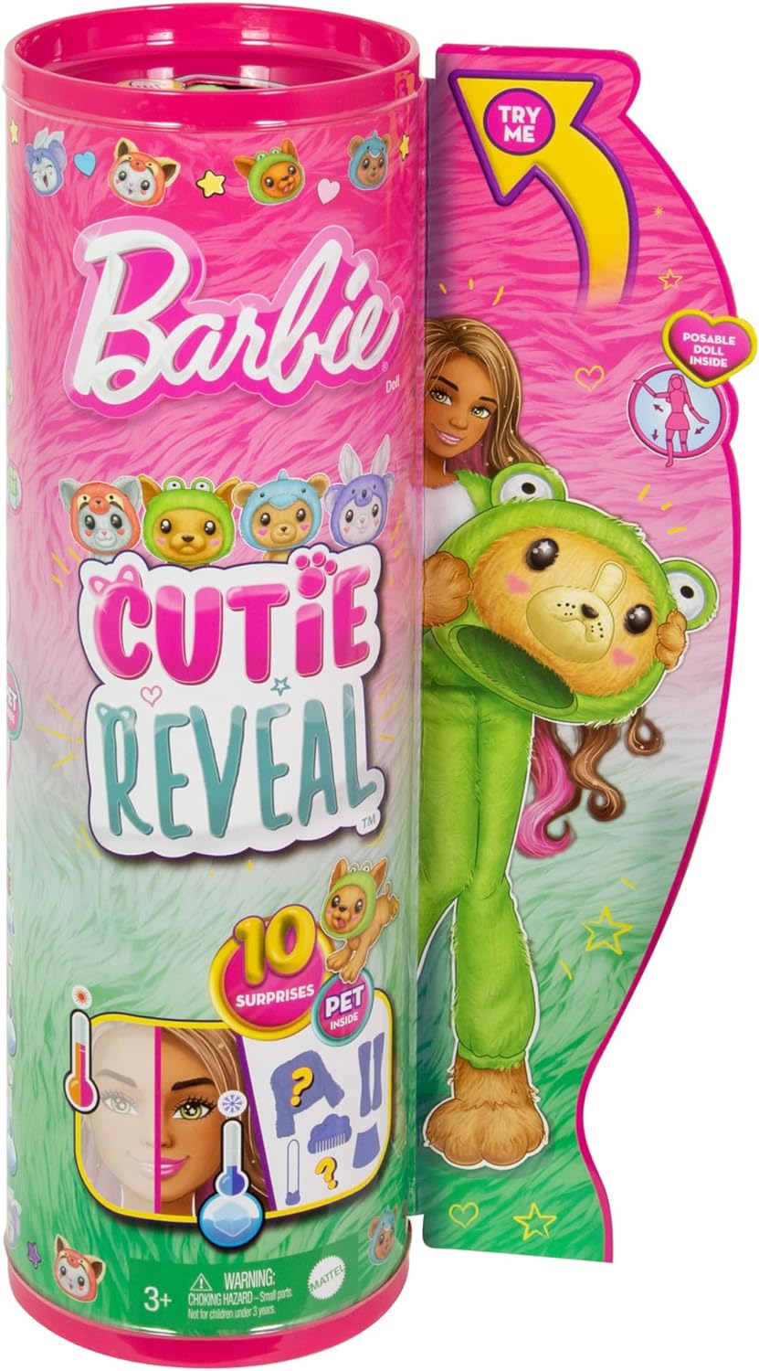 Barbie Cutie Reveal Doll & Accessories with Animal Plush Costume & 10 Surprises Including Color Change, Puppy as Frog in Costume-Themed Series