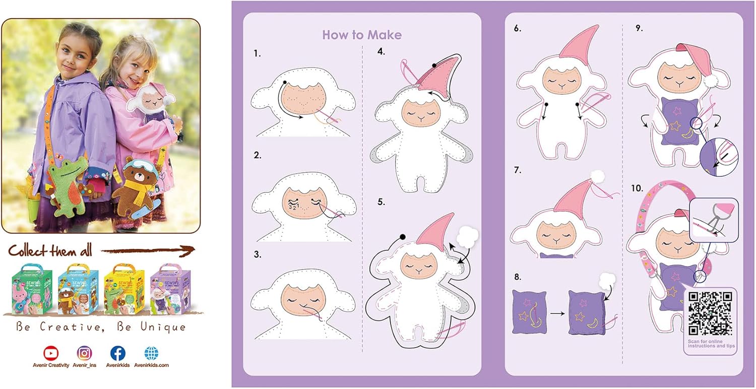 Avenir 6301818 DIY naaiset, knuffeldier, snooze-schaap, schouderdier, knutselset voor kinderen, creatieve set, vanaf 6 jaar