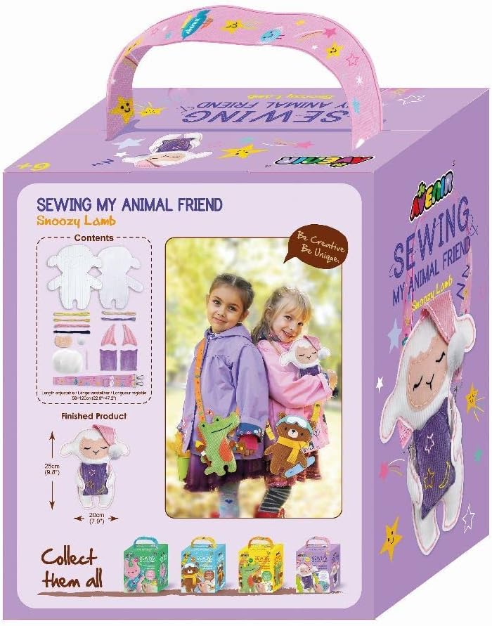 Avenir 6301818 DIY naaiset, knuffeldier, snooze-schaap, schouderdier, knutselset voor kinderen, creatieve set, vanaf 6 jaar