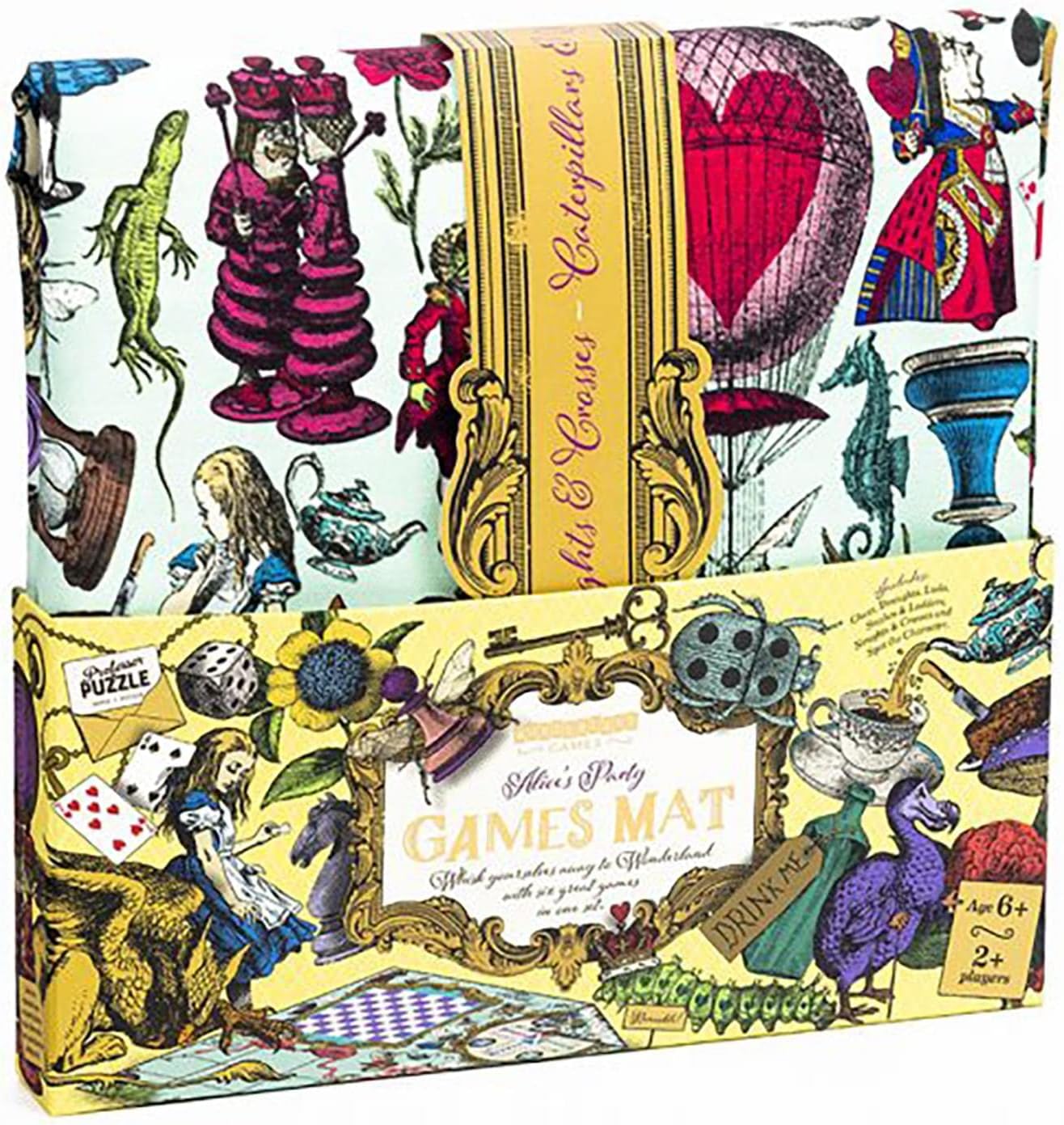 Professor PUZZLE Alice’s Party Games Mat - Alice in Wonderland Themed games mat with 5 classic family games, Chess, Draughts, Noughts & Crosses, Snakes & Ladders.