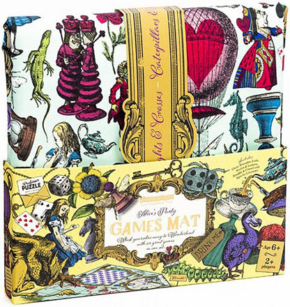 Professor PUZZLE Alice’s Party Games Mat - Alice in Wonderland Themed games mat with 5 classic family games, Chess, Draughts, Noughts & Crosses, Snakes & Ladders.