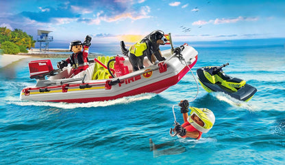 PLAYMOBIL Action Heroes 71464 Feuerwehrboot mit Aqua Scooter, aufregende Wasserrettung, inklusive Taucherbrille, Schwimmflossen und Rettungsweste, realitätsnahes Spielzeug für Kinder ab 4 Jahren