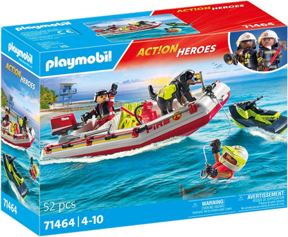 PLAYMOBIL Action Heroes 71464 Feuerwehrboot mit Aqua Scooter, aufregende Wasserrettung, inklusive Taucherbrille, Schwimmflossen und Rettungsweste, realitätsnahes Spielzeug für Kinder ab 4 Jahren