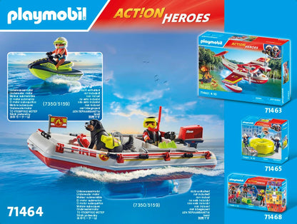 PLAYMOBIL Action Heroes 71464 Feuerwehrboot mit Aqua Scooter, aufregende Wasserrettung, inklusive Taucherbrille, Schwimmflossen und Rettungsweste, realitätsnahes Spielzeug für Kinder ab 4 Jahren
