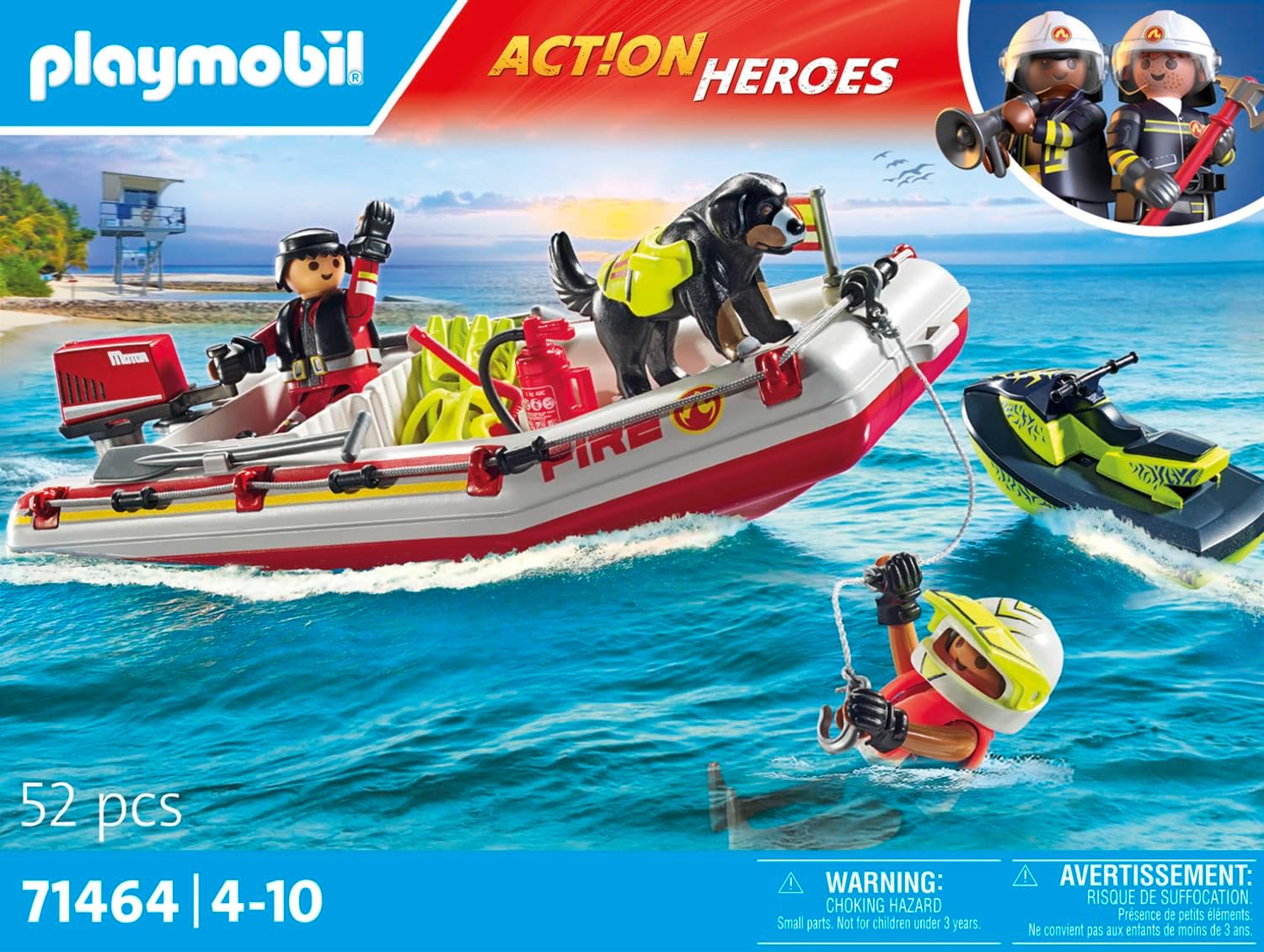 PLAYMOBIL Action Heroes 71464 Feuerwehrboot mit Aqua Scooter, aufregende Wasserrettung, inklusive Taucherbrille, Schwimmflossen und Rettungsweste, realitätsnahes Spielzeug für Kinder ab 4 Jahren