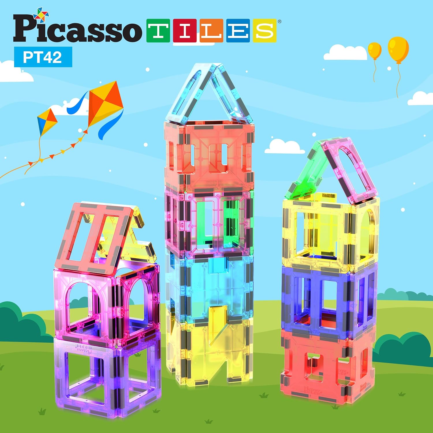 PicassoTiles PT42 Designer Artistry Kit 42pcs Set Magnet Building Tiles Clear Color Magnetic 3D Building Block - Creativity Beyond Imagination! Educational, Inspirational, Conventional, Recreational