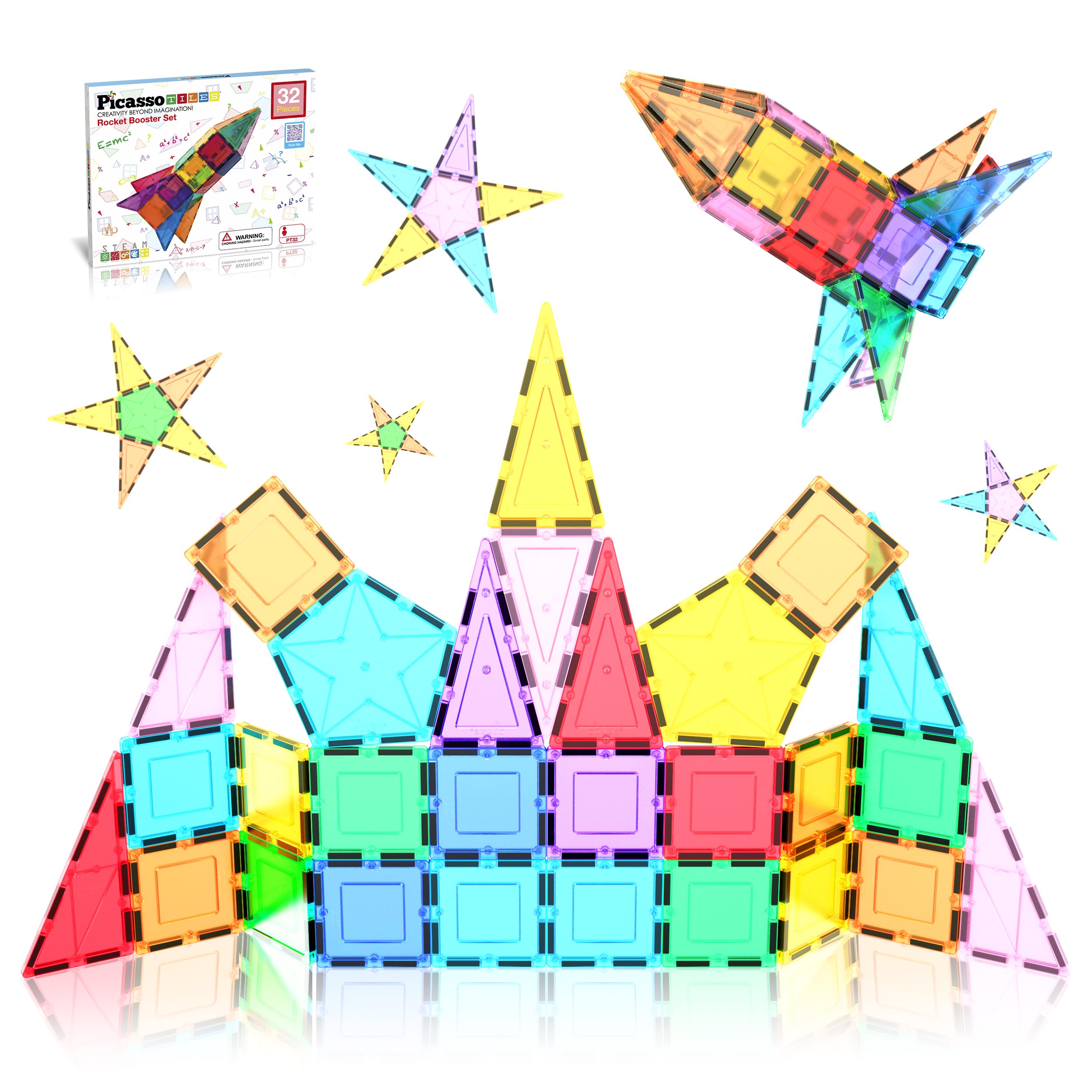 PicassoTiles 32 Piece Magnetic Building Block Rocket Booster Theme Set Magnet Construction Toy Educational Kit Engineering STEM Learning Playset Child Brain Development Stacking