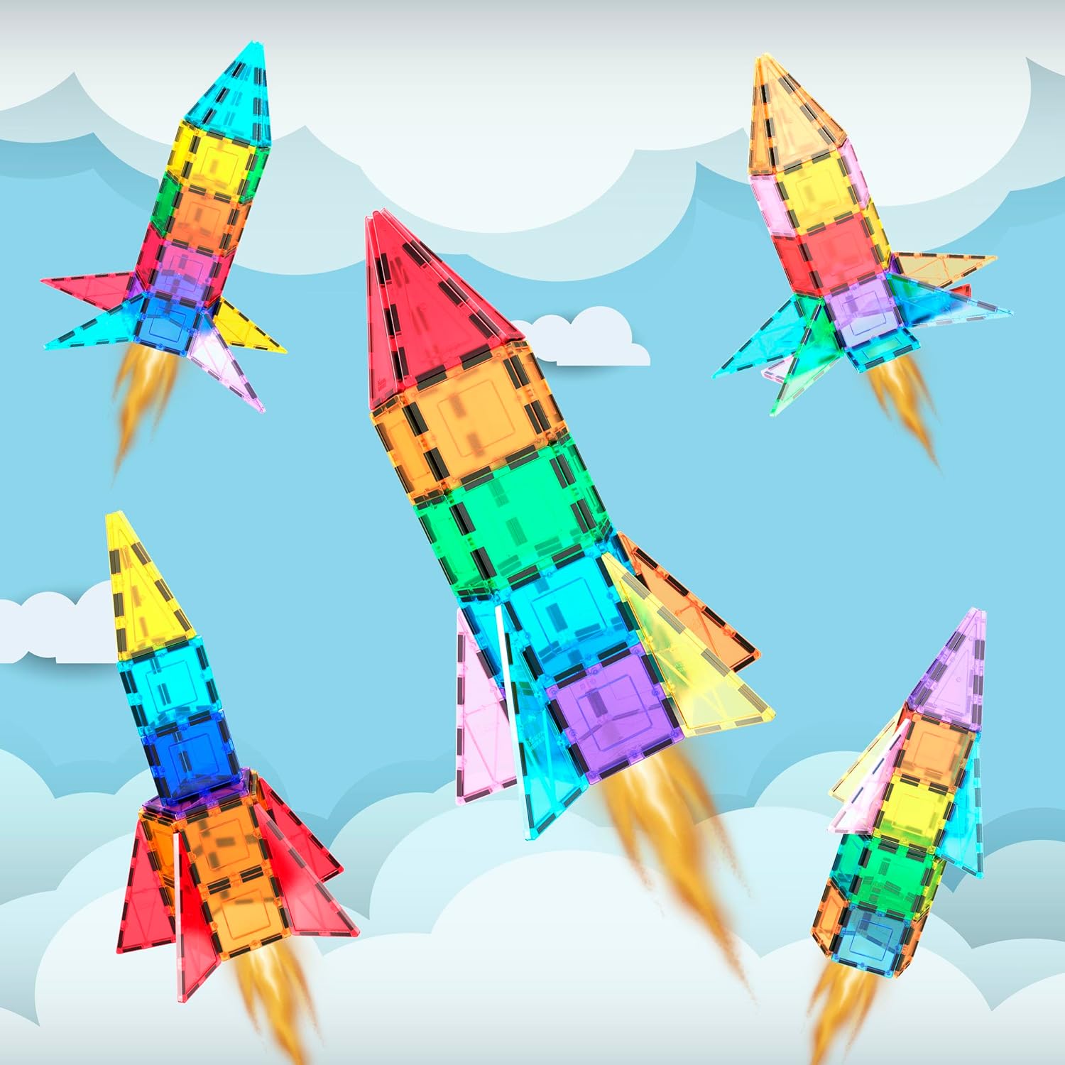 PicassoTiles 32 Piece Magnetic Building Block Rocket Booster Theme Set Magnet Construction Toy Educational Kit Engineering STEM Learning Playset Child Brain Development Stacking