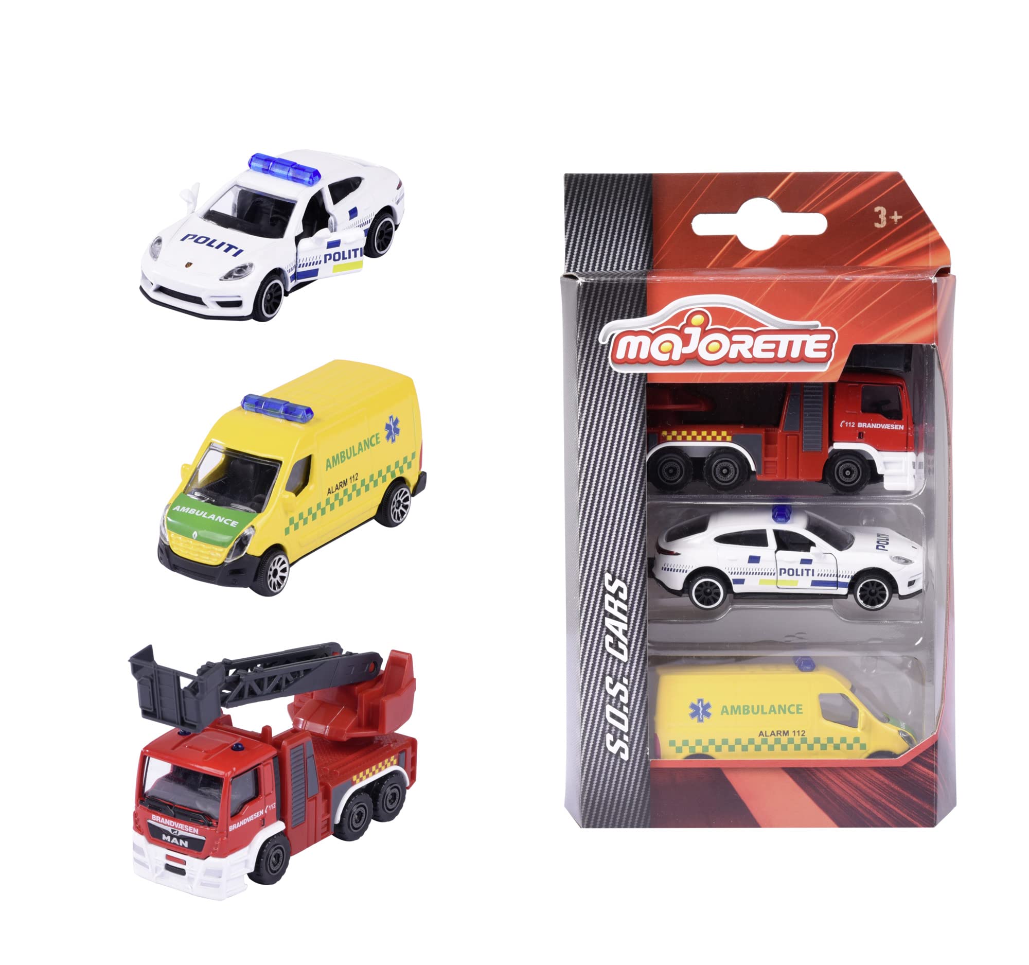 Majorette 212057261IM1 3-pack Deense reddingsvoertuigen Deense reddingsvoertuigen met politiewagen, ambulance en brandweerauto van metaal, 7,5 cm, vanaf 3 jaar