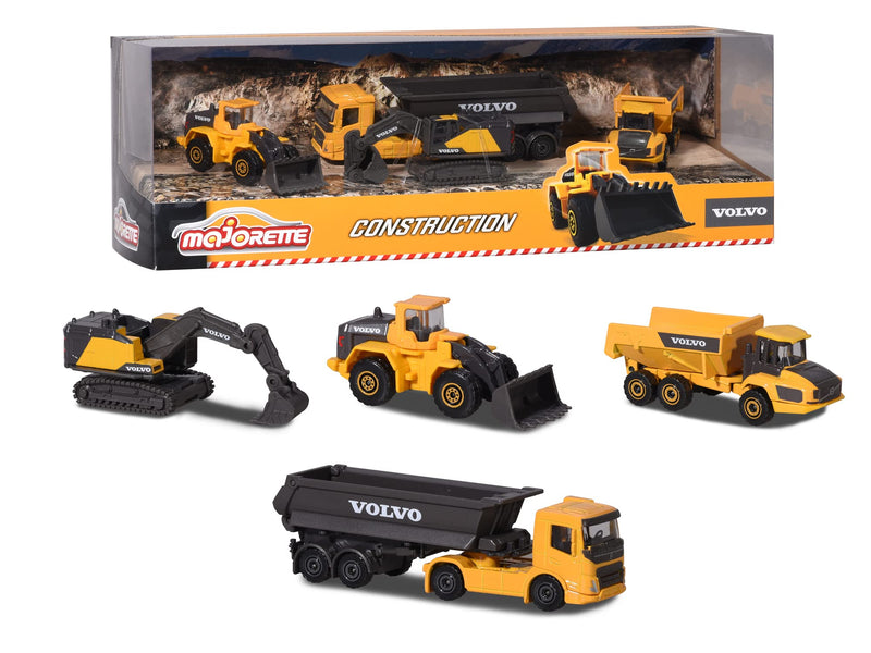 Majorette 212057287SDN - Volvo bouwvoertuigen, 4-pack - van metaal met vrijloop en bewegende delen, vanaf 3 jaar, meerkleurig