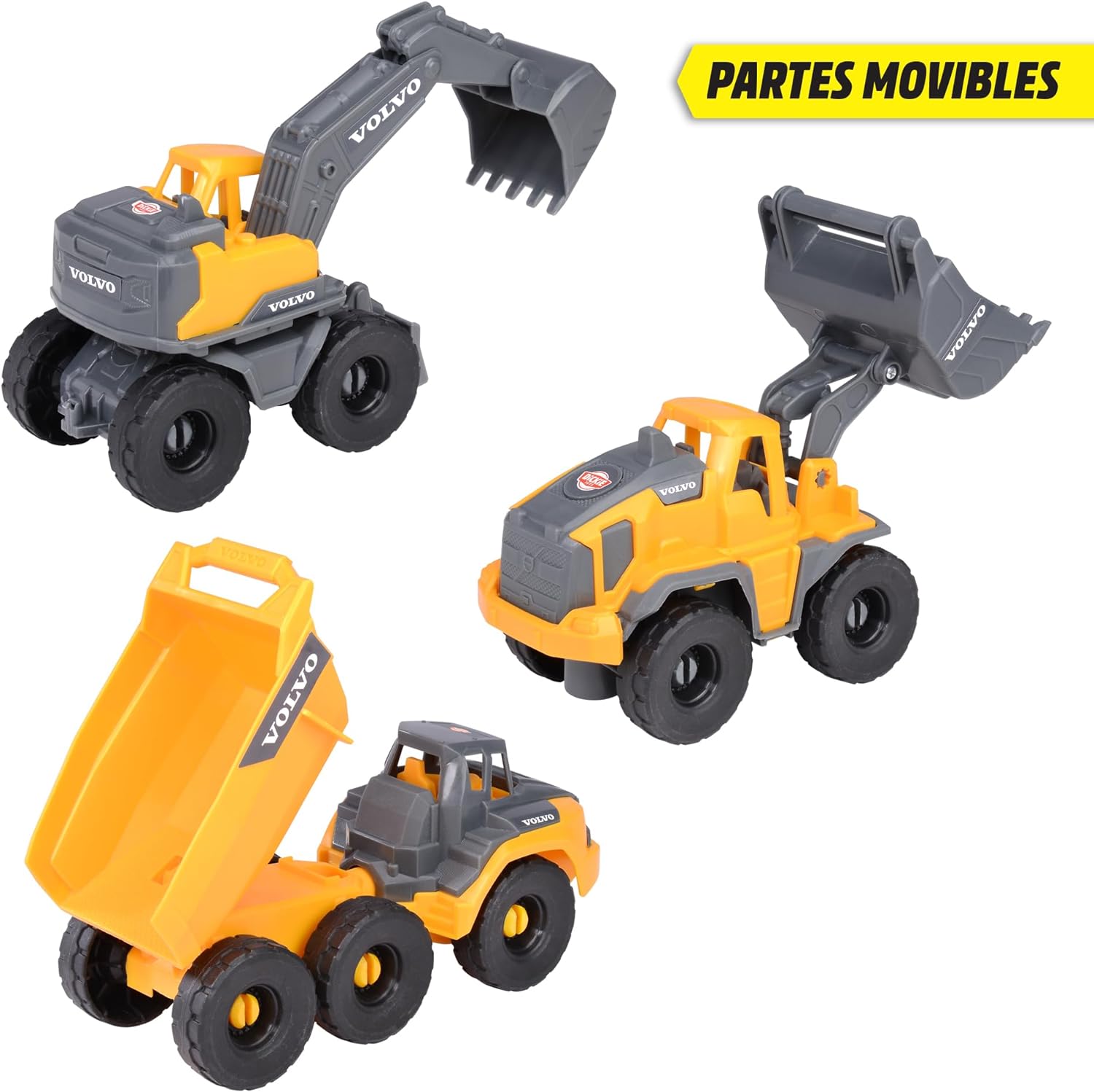 Dickie Toys - Volvo Baustellenfahrzeuge ab 3 Jahre (3 Stück) - Construction Set mit 3 Spielzeugautos (Bagger, Radlader, Kipplaster) für Kinder, je 16 cm, Autos mit Freilauf und beweglichen Teilen