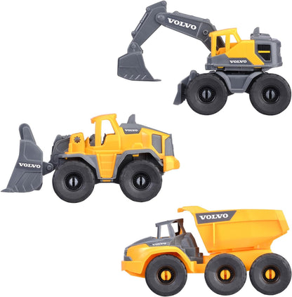 Dickie Toys - Volvo Baustellenfahrzeuge ab 3 Jahre (3 Stück) - Construction Set mit 3 Spielzeugautos (Bagger, Radlader, Kipplaster) für Kinder, je 16 cm, Autos mit Freilauf und beweglichen Teilen
