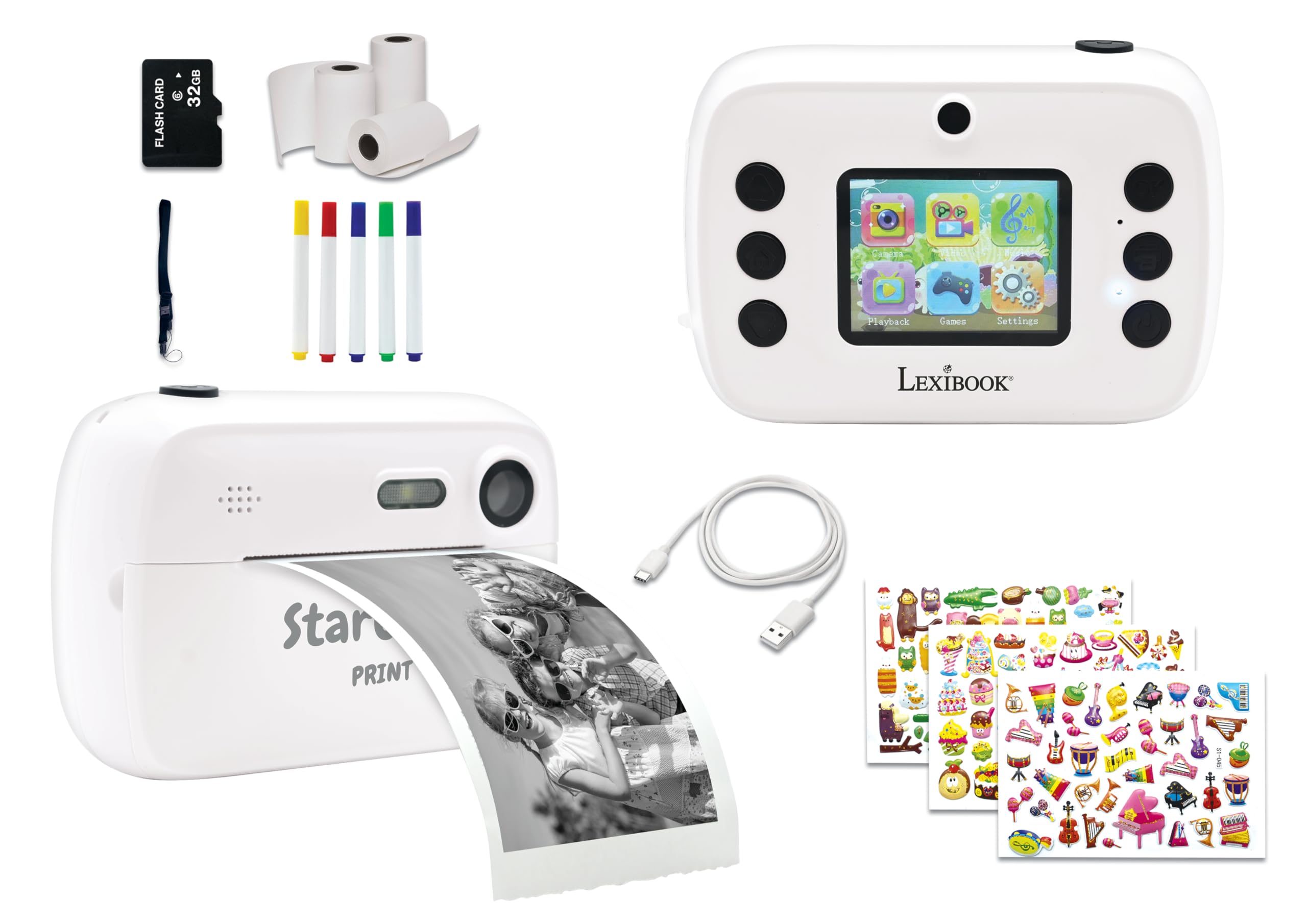 Lexibook, StarCAM Print, camerapakket met instant printer, foto- en videofunctie, inclusief 32 GB SD-kaart en fotopersonalisatiekit, wit, DJ150