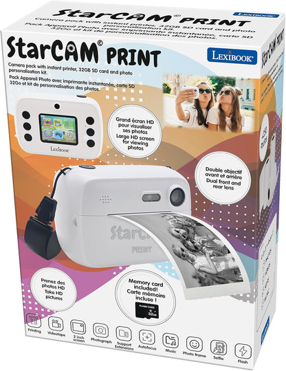 Lexibook, StarCAM Print, camerapakket met instant printer, foto- en videofunctie, inclusief 32 GB SD-kaart en fotopersonalisatiekit, wit, DJ150