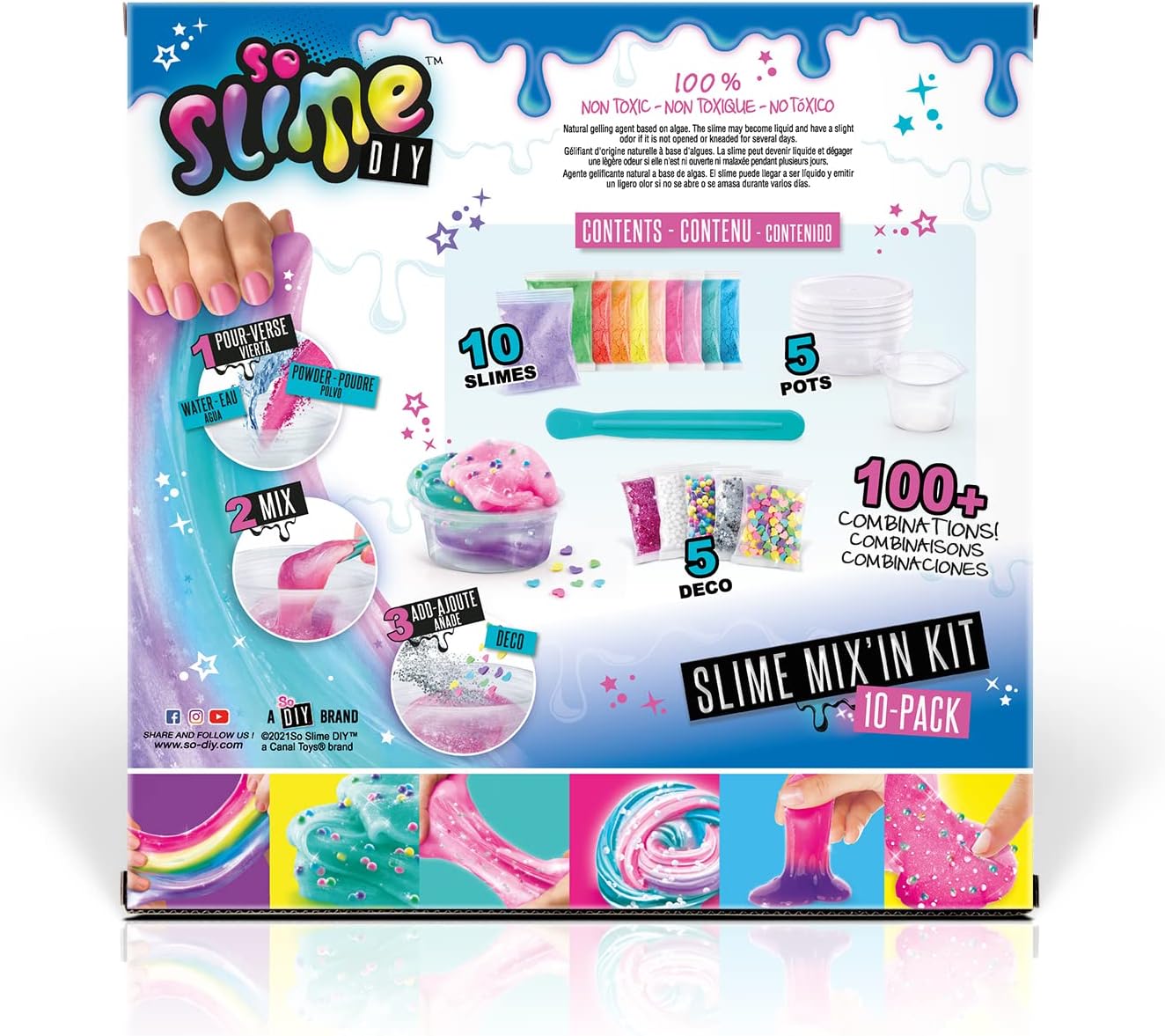 So Slime DIY Mix'in Kit 10 Pack, Multi-coloured, Make 10 Slimes, Styles and Decorations for 100+ Combinations, No Glue! No Mess!,Everything Included to Mix Your Own Slime