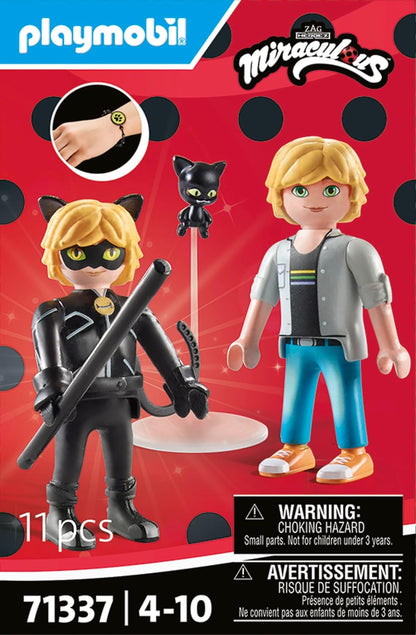 PLAYMOBIL Miraculous 71337 Miraculous: Adrien & Cat Noir, heldenhaftes Abenteuer, inklusive Kwami Plagg und vielfältigem Zubehör, Abenteuer mit Ladybug, detailreiches Spielzeug für Kinder ab 4 Jahren
