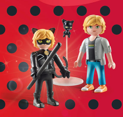 PLAYMOBIL Miraculous 71337 Miraculous: Adrien & Cat Noir, heldenhaftes Abenteuer, inklusive Kwami Plagg und vielfältigem Zubehör, Abenteuer mit Ladybug, detailreiches Spielzeug für Kinder ab 4 Jahren