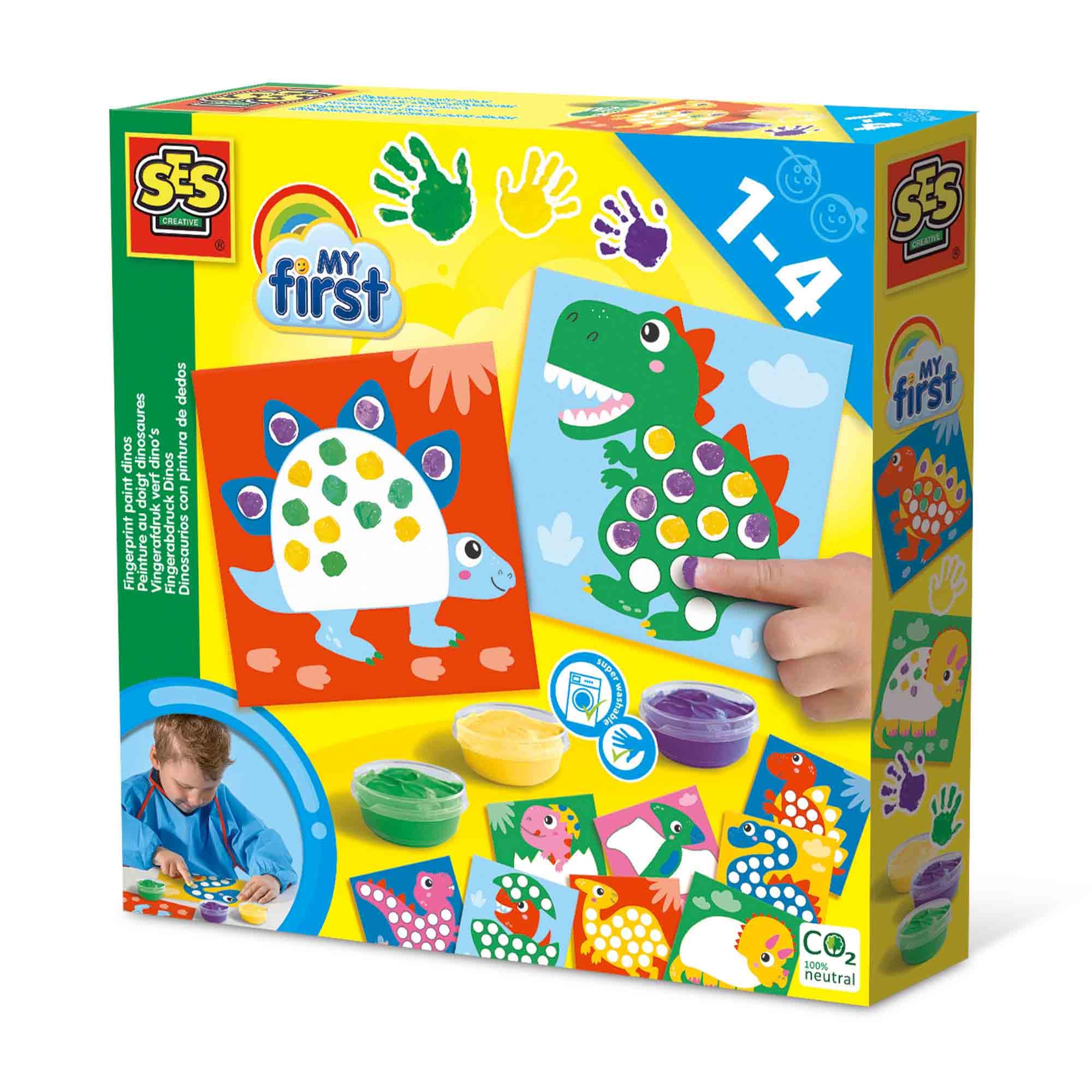 SES Creative 14442 - My first - Fingerprint paint dinos, 10 colouring pages with easily washable paint, complete first time painting set for Children ages 1-4