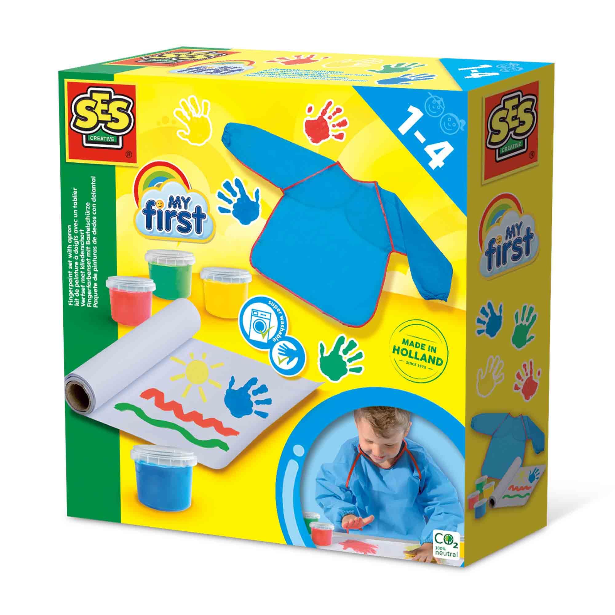 SES Creative 14449 My first-Mein erstes Fingerfarbenset mit Bastelschürze, diverse Farben, Mittel