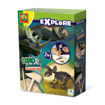 SES Creative 25093 2 in 1 Dinosaur and Skeleton Dig-Triceratops, One Size