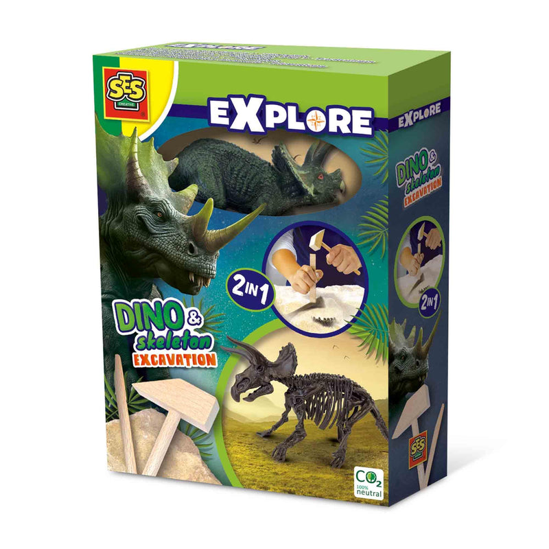 SES Creative 25093 2 in 1 Dinosaur and Skeleton Dig-Triceratops, One Size