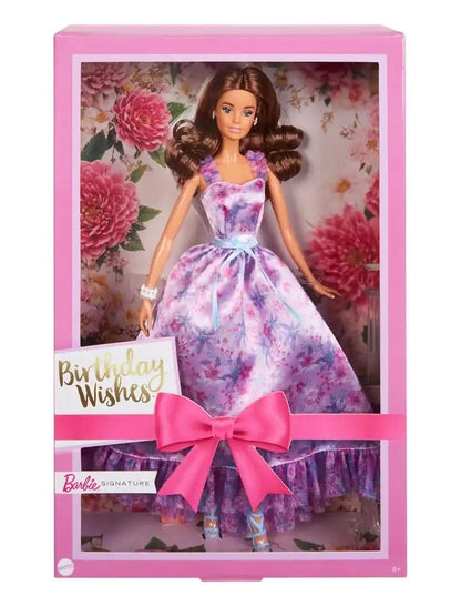 Barbie Signature Birthday Wishes Doll with Silky Lilac Dress Brown Wavy Hair - Gift Boxed HRM54