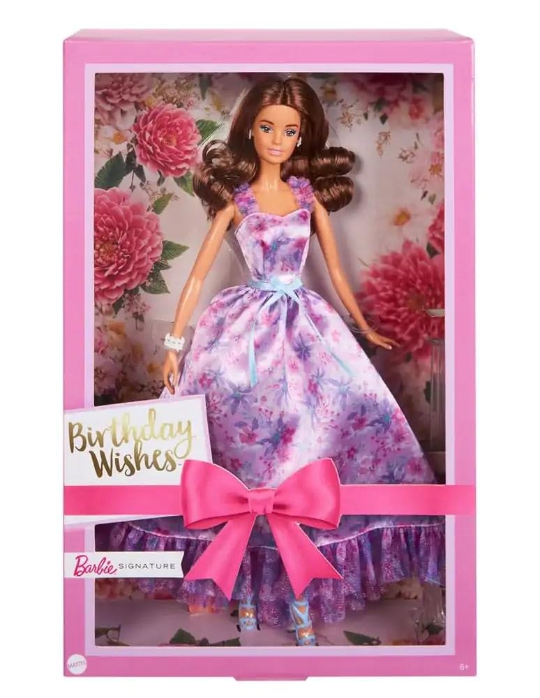 Barbie Signature Birthday Wishes Doll with Silky Lilac Dress Brown Wavy Hair - Gift Boxed HRM54