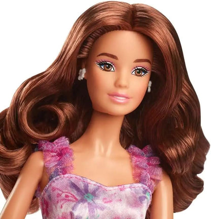 Barbie Signature Birthday Wishes Doll with Silky Lilac Dress Brown Wavy Hair - Gift Boxed HRM54